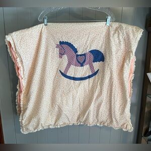 Vintage handmade baby quilt blanket with purple rocking horse floral /lace trim